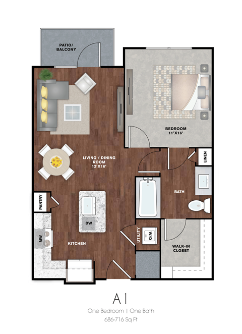 Floor plan for 1 bed, 1 bath, 704 sqft